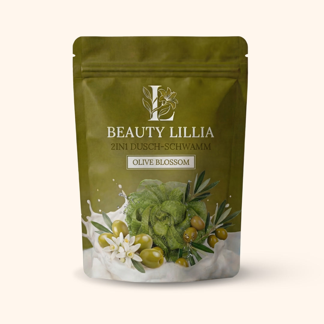 Die Verpackung für den 2in1 Dusch-Schwamm, Duft Olive-Blossom
